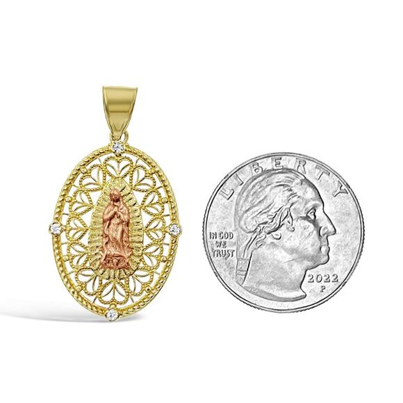 14K Yellow Rose Gold Virgin Mary Lady Guadalupe Oval Pendant CZ Accents - Picture 2 of 3